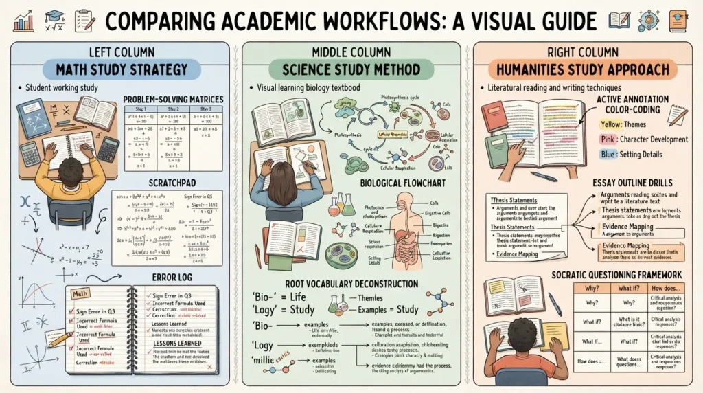 Infographic comparing specialized study methods for math, science, and humanities subjects in high school.