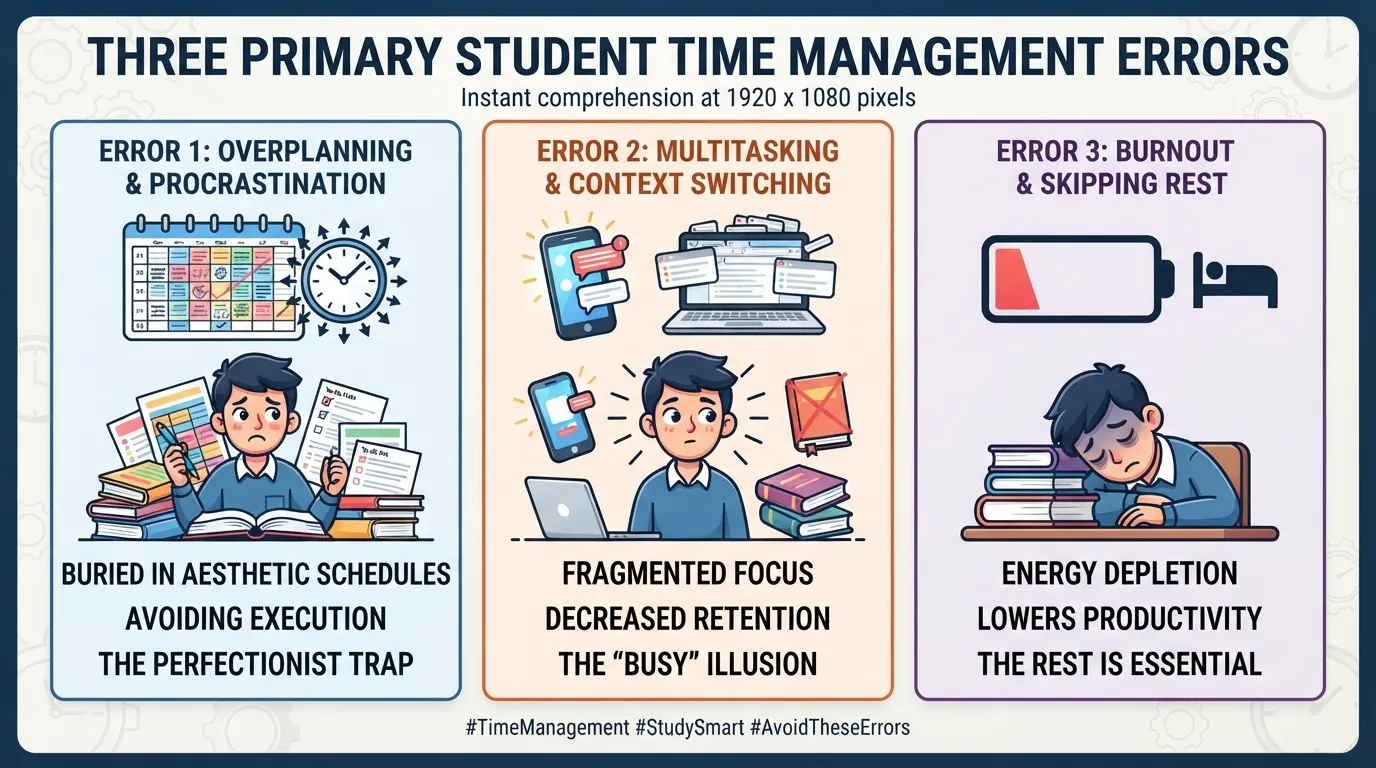 An infographic highlighting common student time management mistakes such as overplanning, multitasking, and ignoring rest breaks.