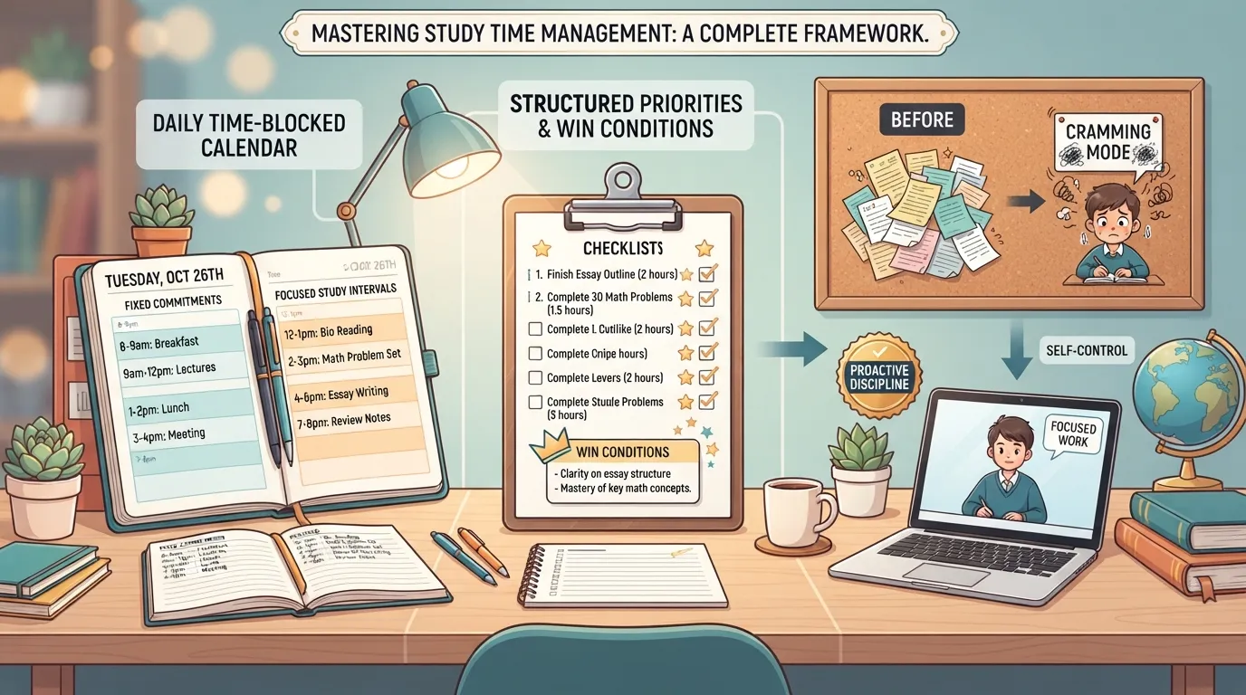 A student sitting at a clean desk organizing a structured study schedule and weekly planner to manage time effectively.