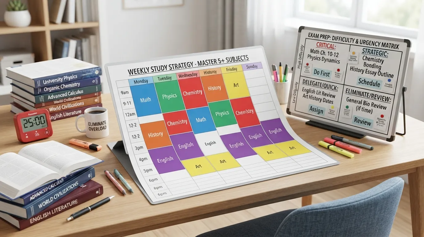 A student's desk showing a color-coded weekly study schedule and planner for managing multiple subjects and exam preparation.