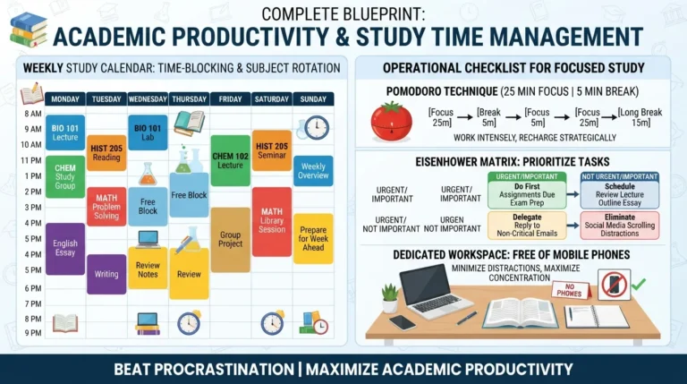 A student's desk featuring a structured study time-blocking calendar, a digital timer, and organized textbooks to improve focus and academic performance.