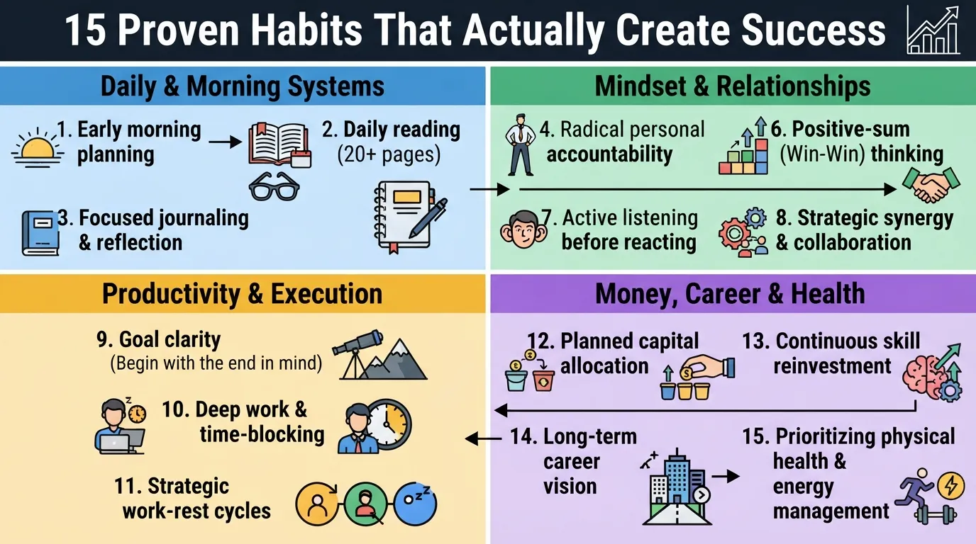 A detailed infographic outlining 15 proven successful habits of successful people categorized by morning routines, mindset, productivity, money, and health.