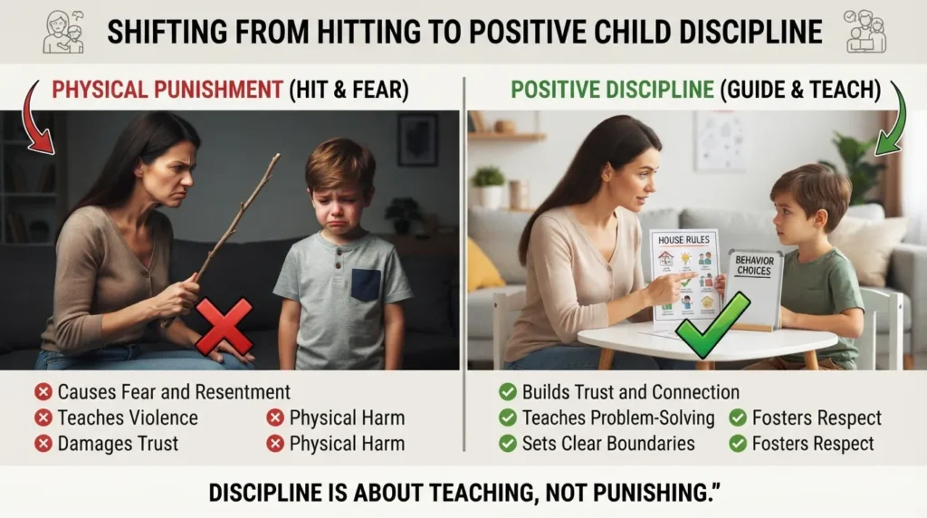 Illustration showing the meaning of switch discipline alongside positive, non-physical ways to discipline children without hitting