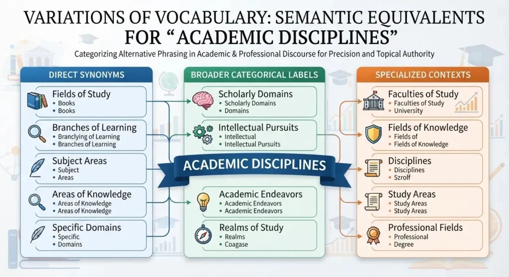 A comparison chart showing alternative terms and synonyms for discipline behavior across parenting, human resources, and psychology contexts.