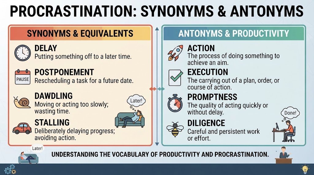 A comparative infographic displaying synonyms and antonyms for procrastination, including words like delay, stalling, action, and execution.