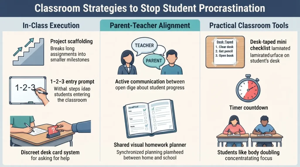 An educational infographic illustrating three classroom strategies for teachers to help procrastinating students, including scaffolding long-term projects, parent-teacher coordination, and desk support tools like visual schedules and peer body doubling.
