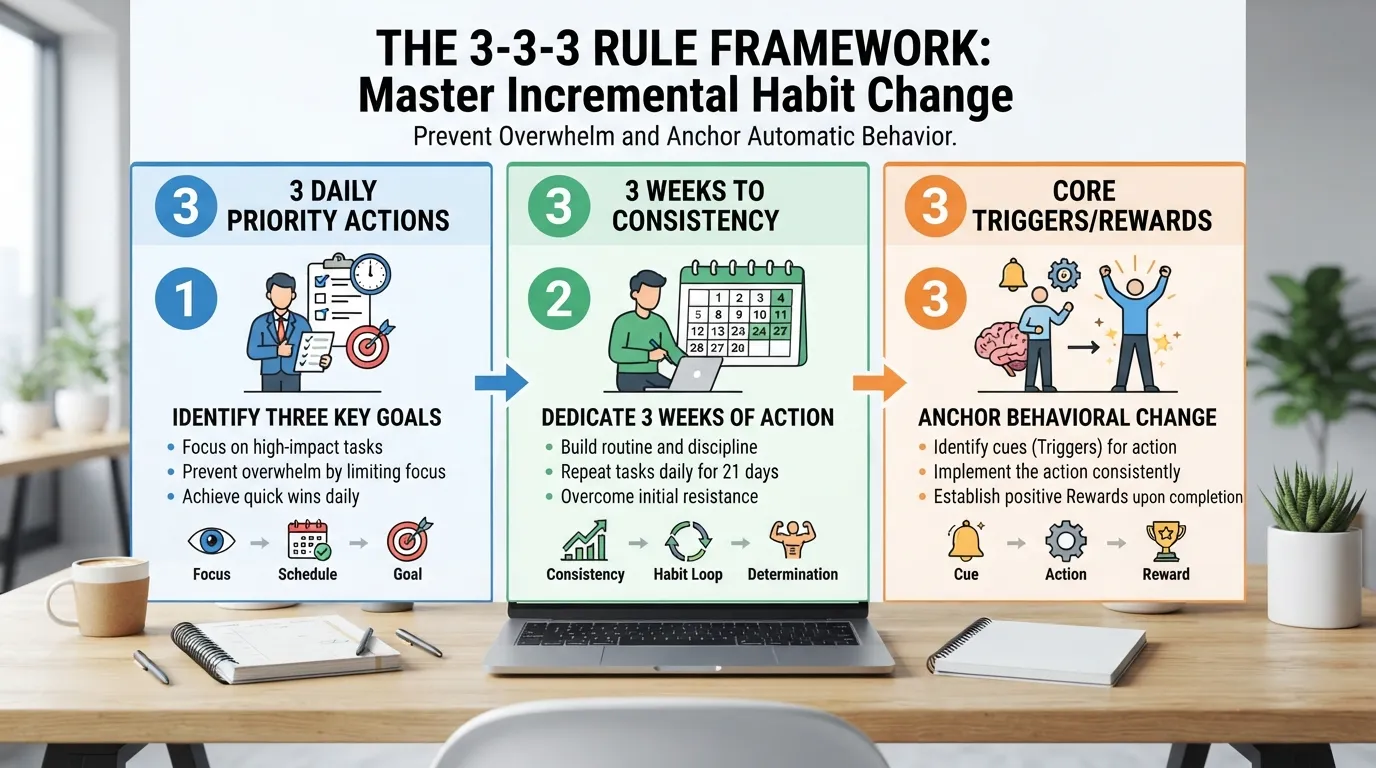 A structured infographic outlining the three steps of the 3-3-3 rule for building and maintaining daily habits.