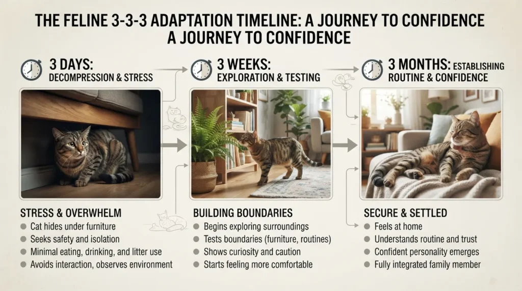 Infographic timeline chart illustrating the 3-3-3 rule for cat adjustment phases across three days, three weeks, and three months.