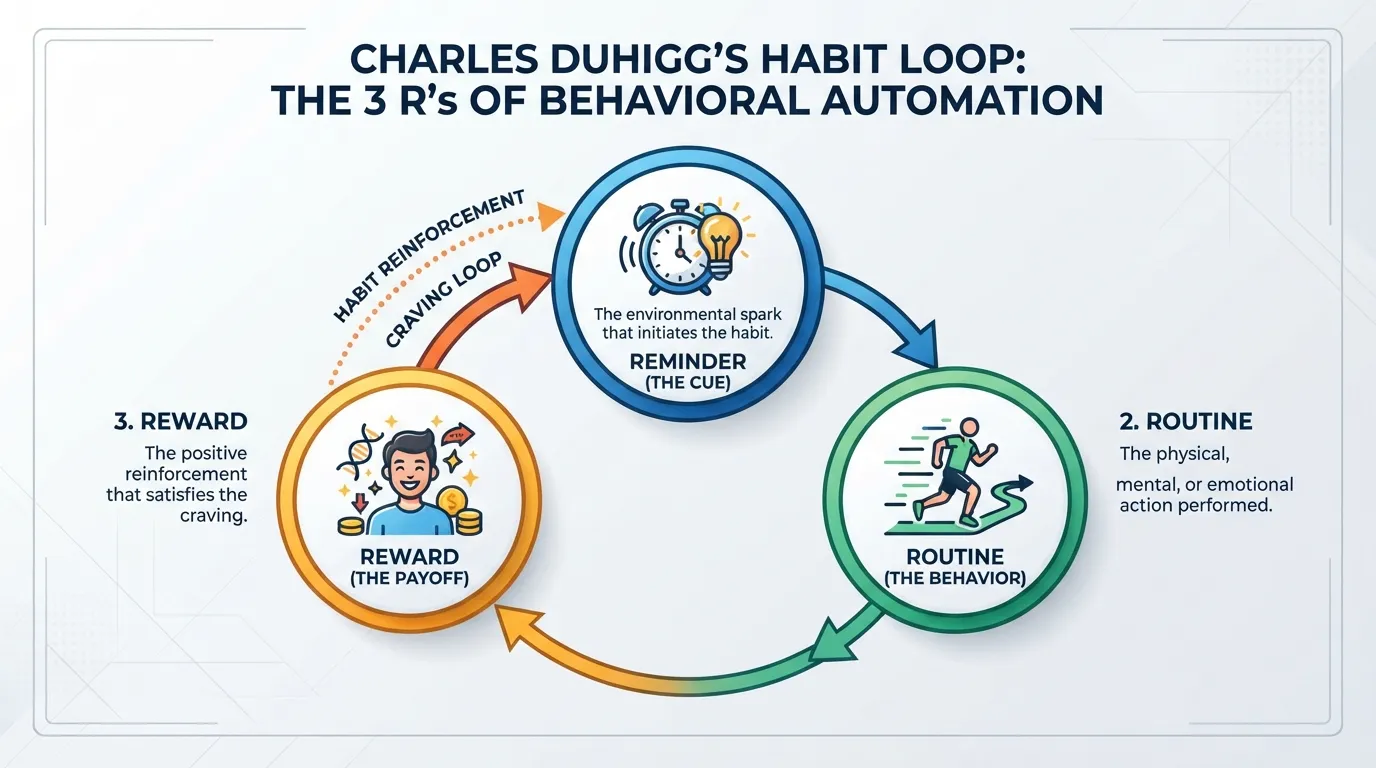 Infographic diagram showing the 3 R's of habit formation: Reminder, Routine, and Reward cycle in a continuous loop.
