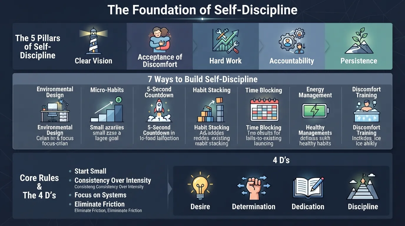An infographic illustrating the pillars, principles, and rules of self discipline for structured personal growth.