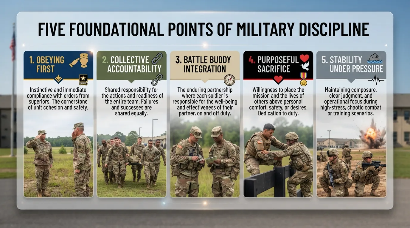 An instructional infographic layout showing the five points of military discipline, including chain of command compliance, unit accountability, and pressure stability.