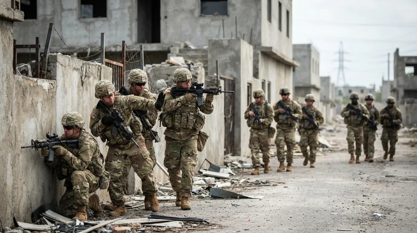 A focused U.S. Army formation illustrating unit trust, warfighting readiness, and teamwork in a high-stress scenario, capturing the core purpose of military discipline.