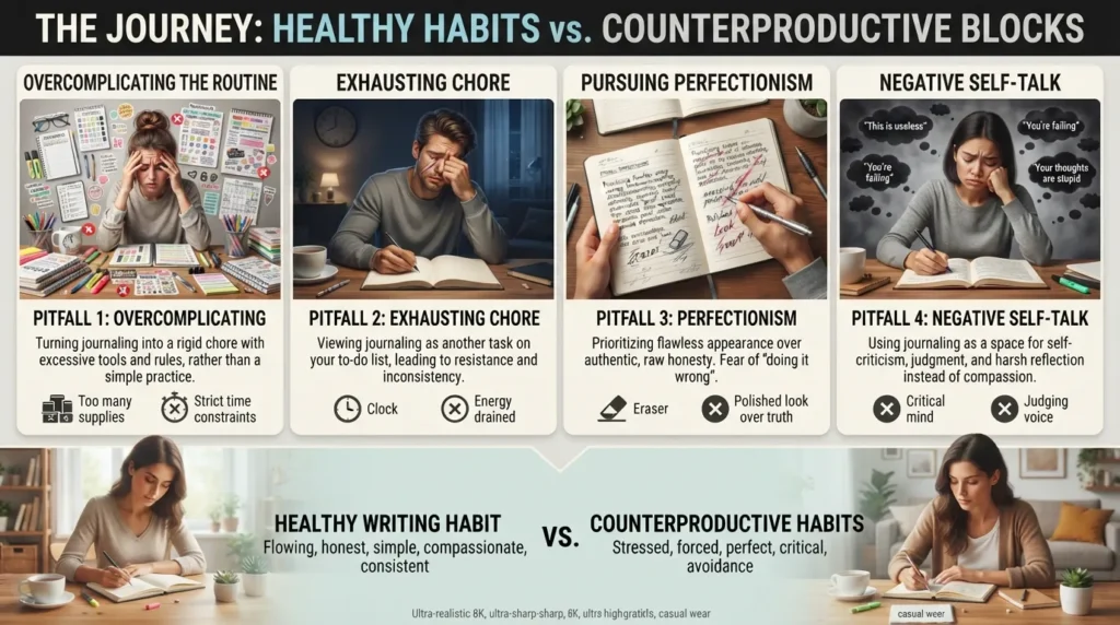 A person sitting at a desk looking overwhelmed with a messy journal, illustrating common journaling mistakes such as overthinking or setting unrealistic expectations.