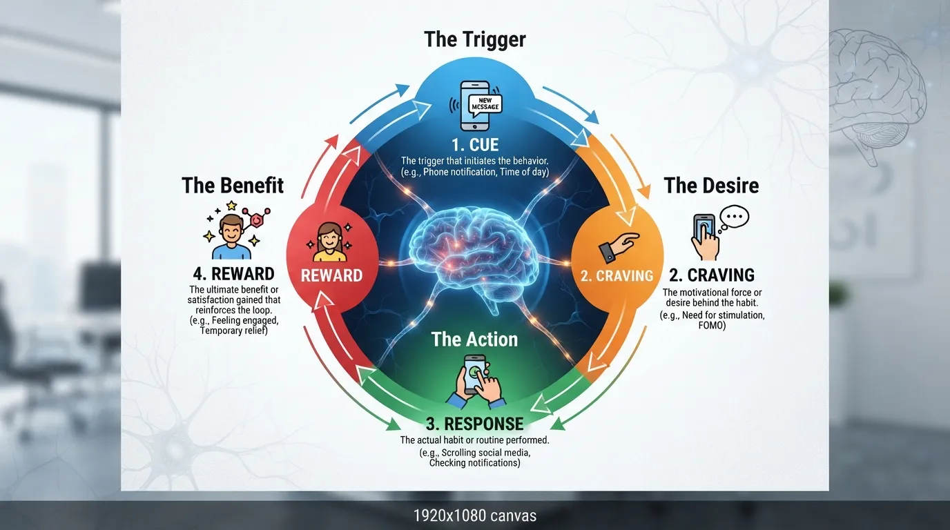 Infographic diagram illustrating the Habit Loop framework showing the four stages: cue, craving, response, and reward in a continuous circle.