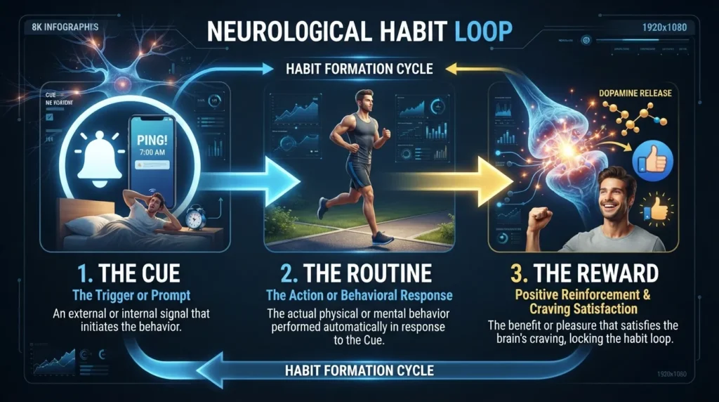 Infographic diagram illustrating the three steps of the habit loop including cue, routine, and reward for productivity.