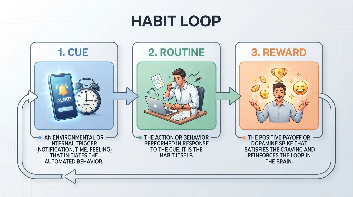 Infographic diagram illustrating the three-step habit loop showing a cue triggering a routine that leads to a reward.