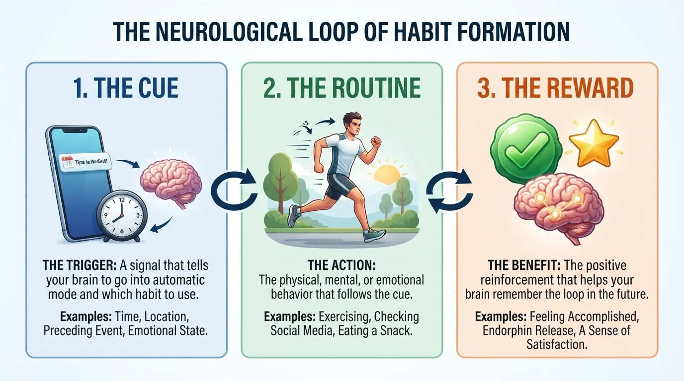 Infographic highlighting the core characteristics of a habit, including cue, routine, and reward loops.