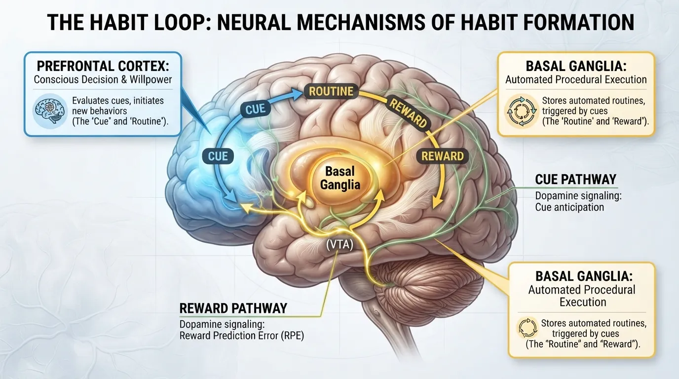 Medical illustration of human brain cross-section highlighting the basal ganglia and prefrontal cortex during the habit loop cycle.
