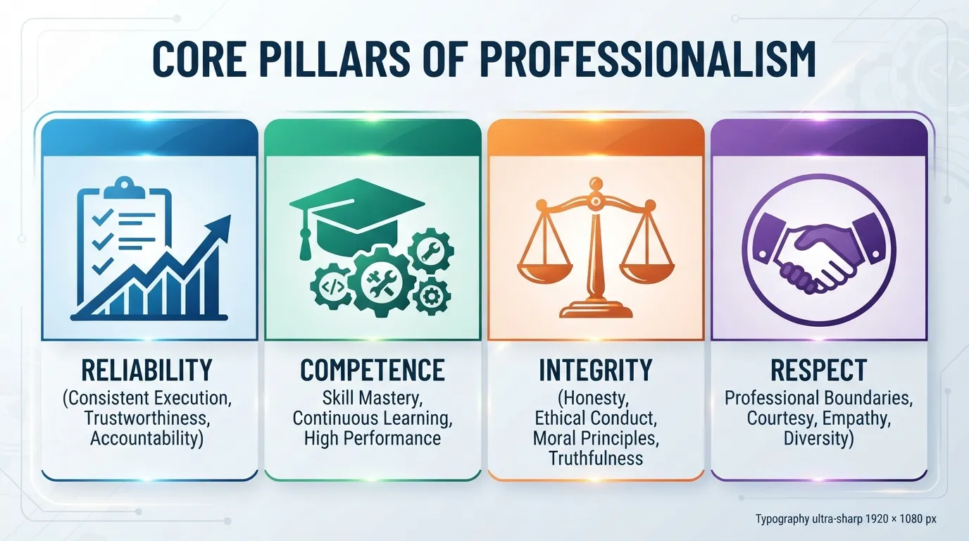 Infographic illustrating the four pillars of professionalism including reliability, competence, integrity, and respect.