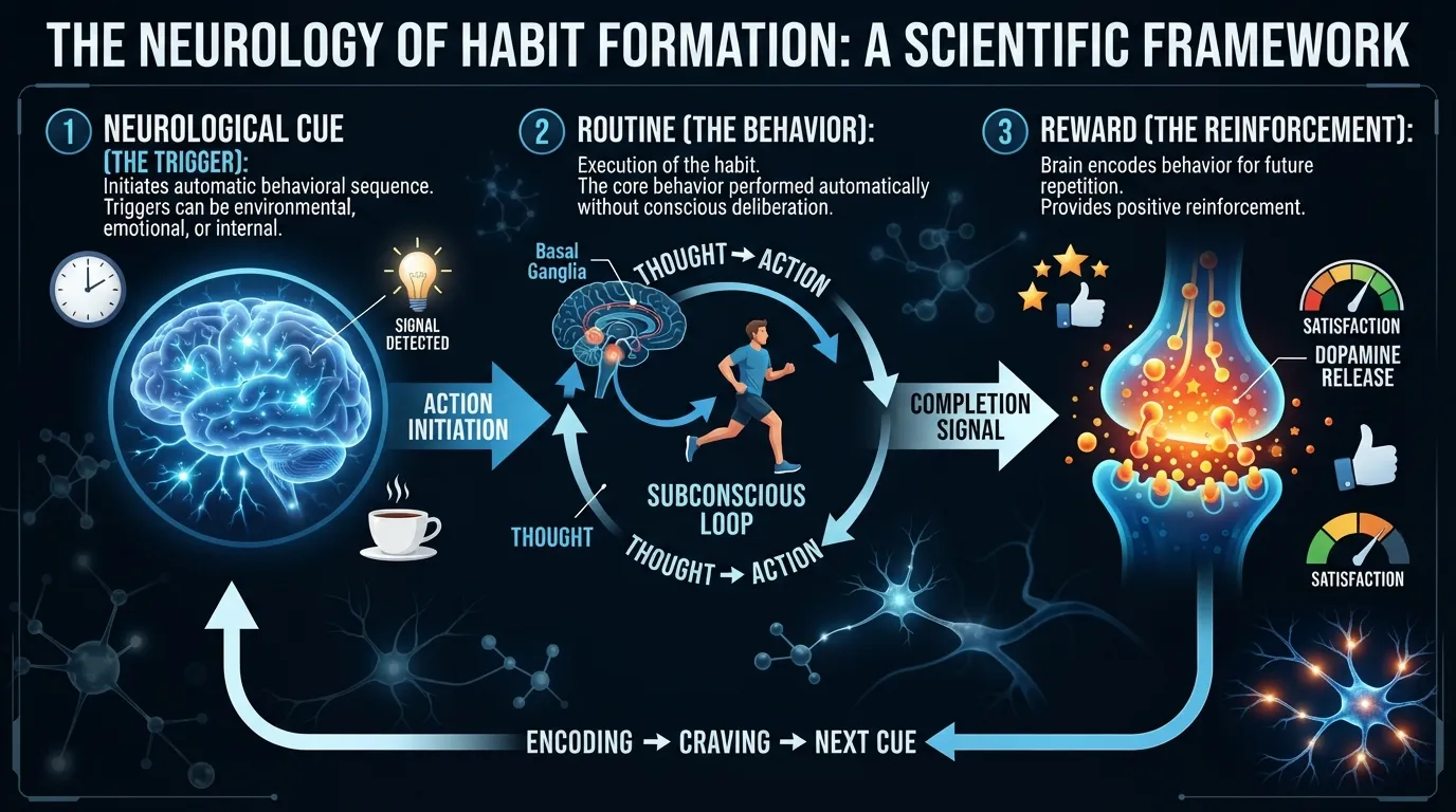 A diagram illustrating the neurological habit loop showing the transition from cue to routine and reward in the brain.
