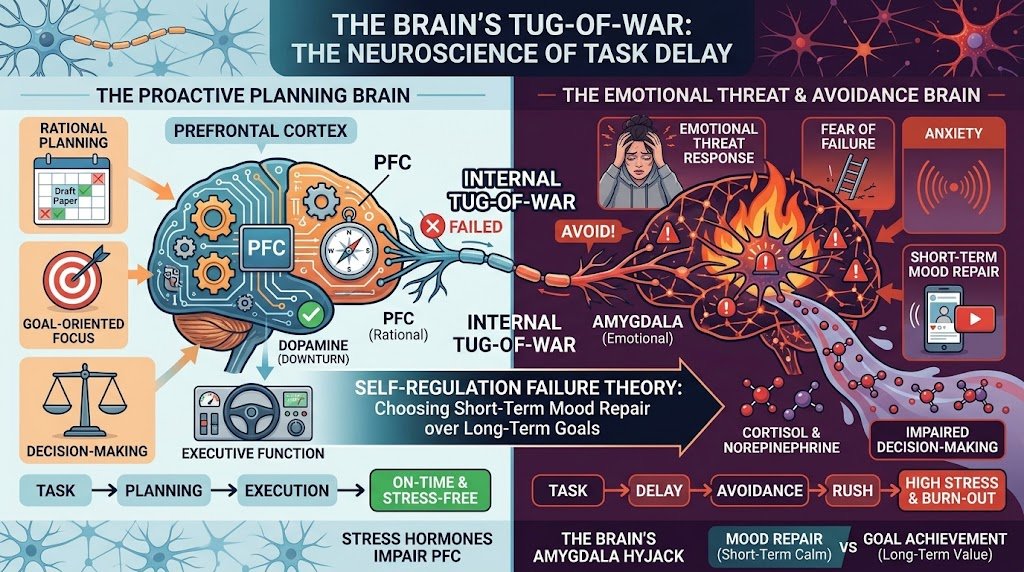 A neurological and psychological visual breakdown showing how the brain's emotional center triggers task avoidance over logical planning.