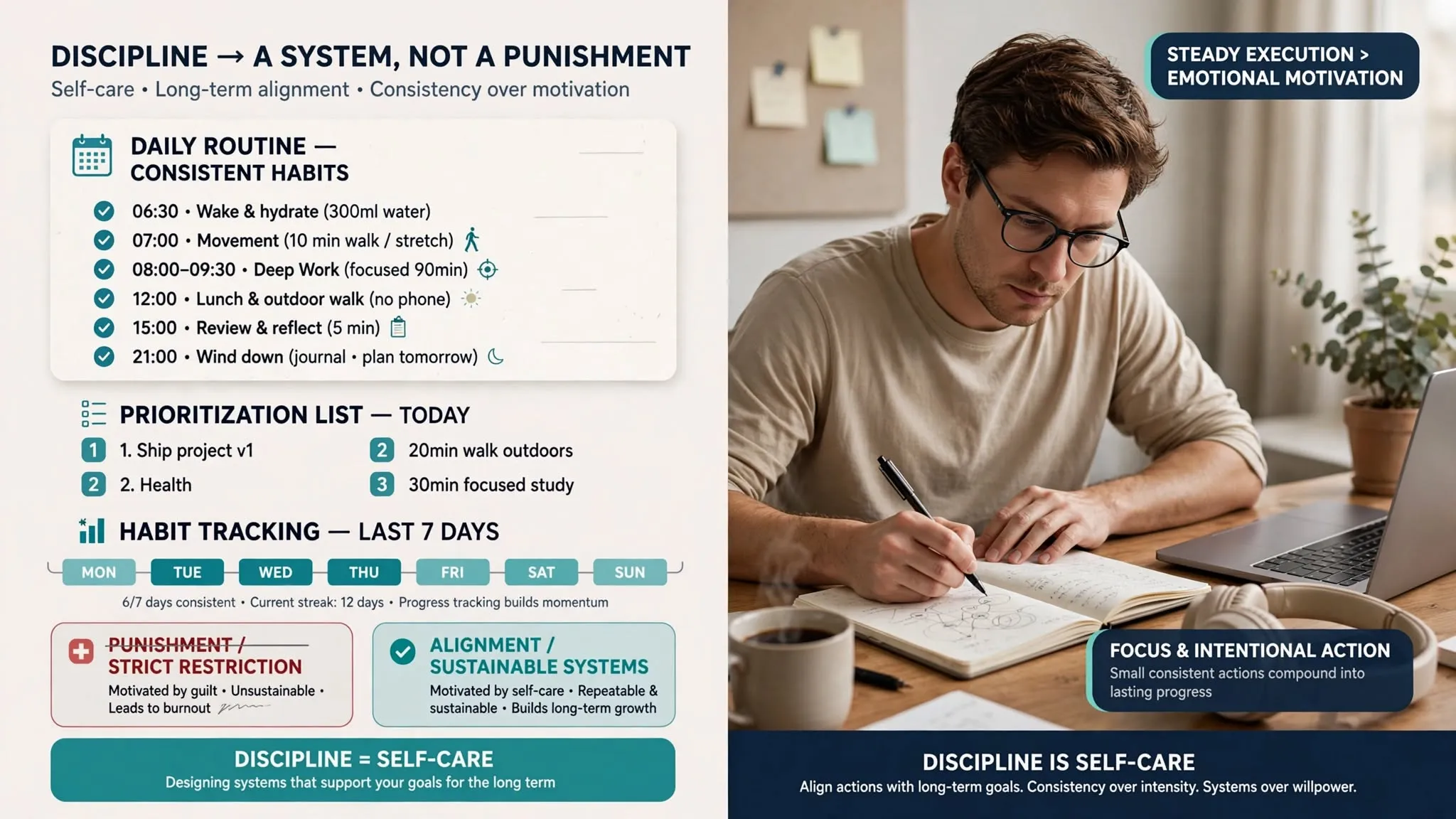 A person focused on a daily routine, illustrating the true definition and long-term habits of personal discipline rather than just strict restriction.