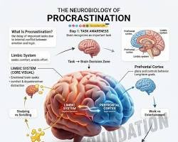 An infographic illustrating the psychological guilt-avoidance cycle, limbic system threat perception, and the impact of self-criticism on procrastination.