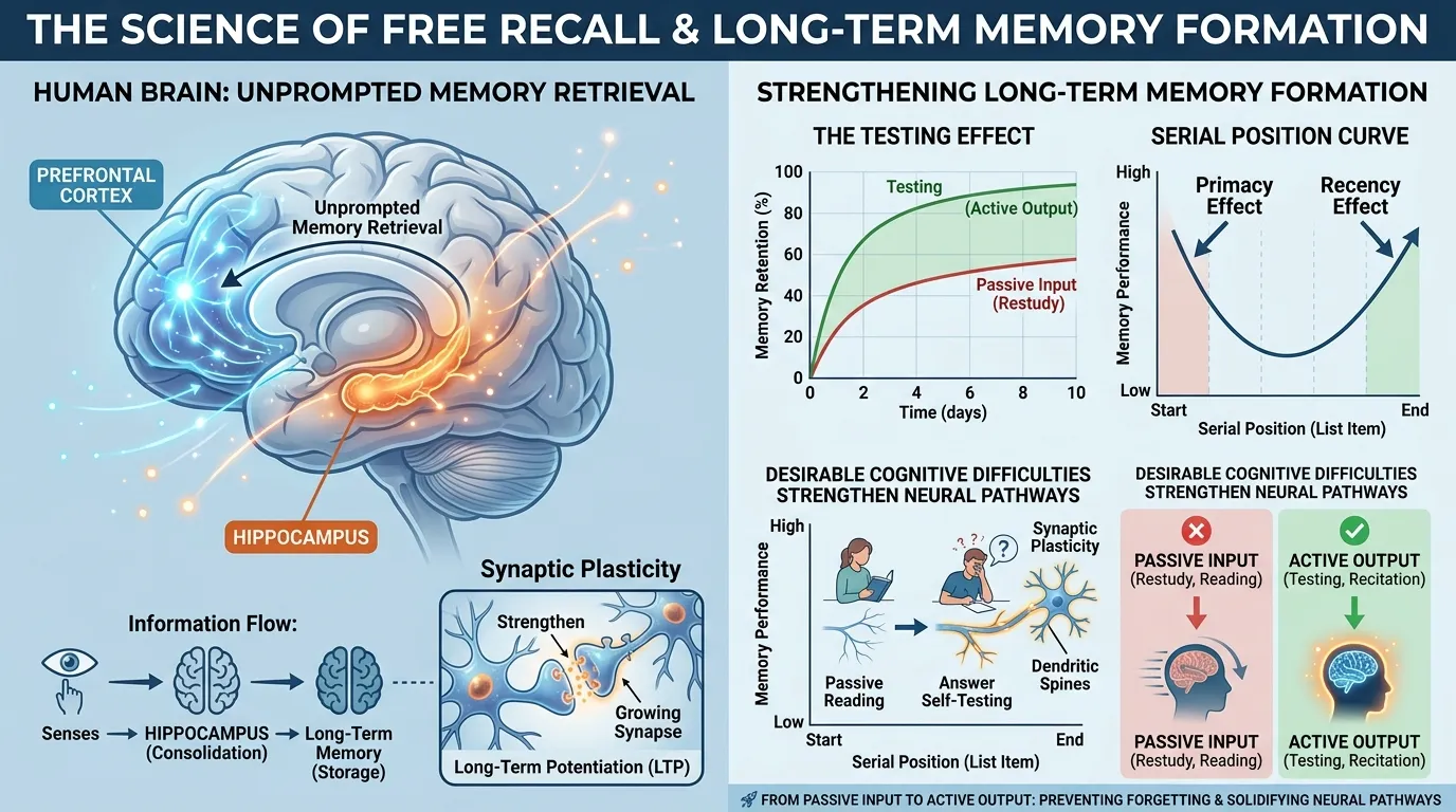 Infographic illustrating the neuroscience and cognitive science behind how free recall strengthens long-term memory and retrieval pathways