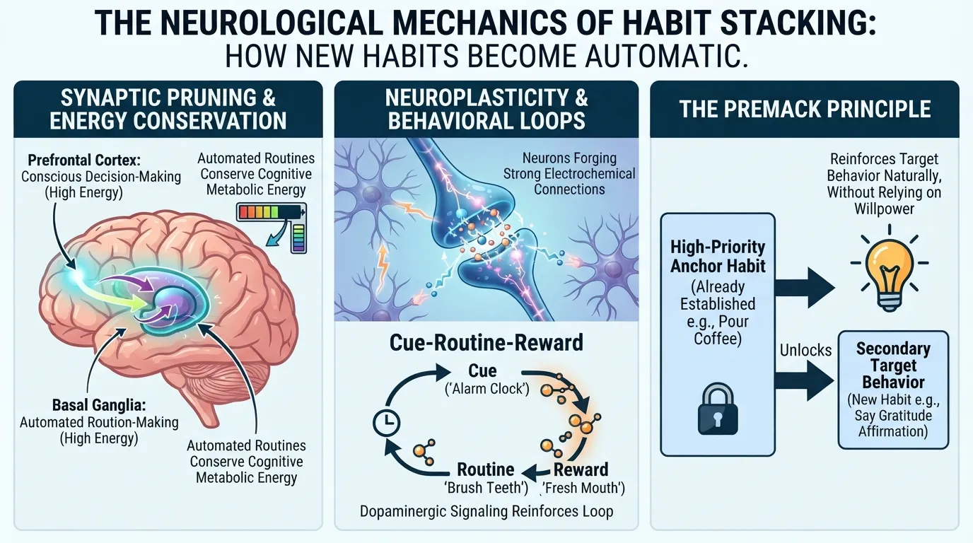 Infographic illustrating the neuroscience of habit stacking, showing neural pathways, synaptic pruning, and the basal ganglia loop.