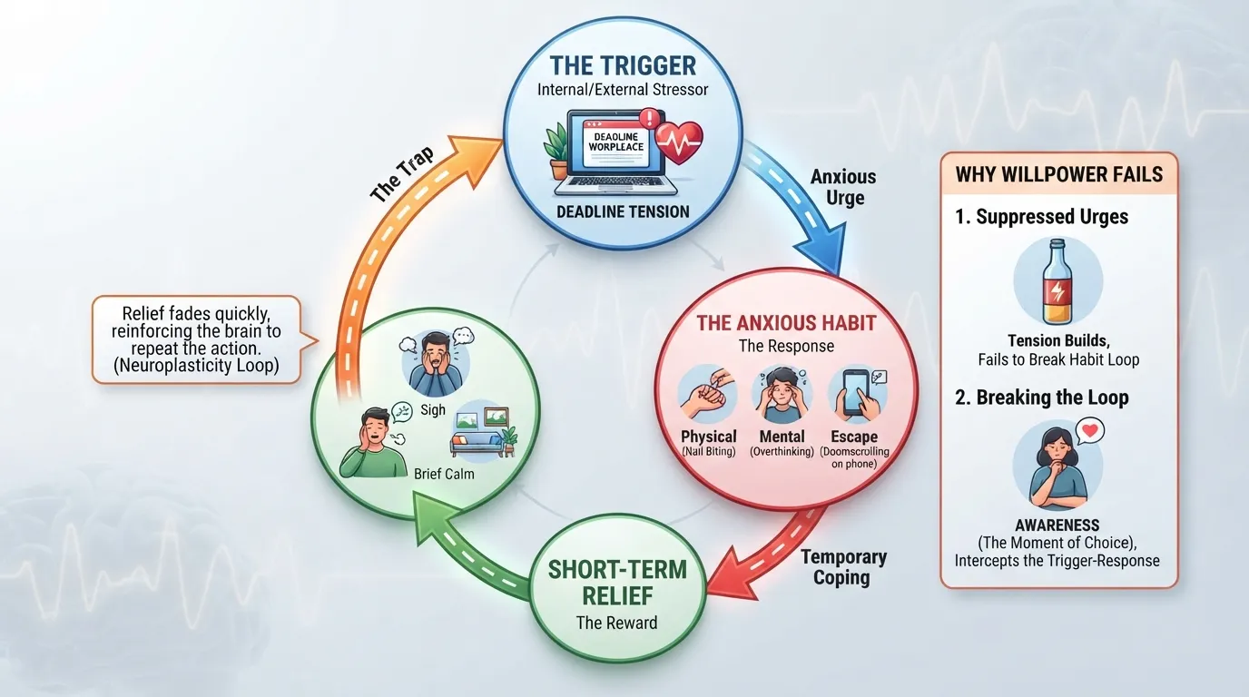 Infographic diagram illustrating the anxious habit loop showing how an emotional trigger leads to an anxious behavior and temporary relief, causing the cycle to repeat.