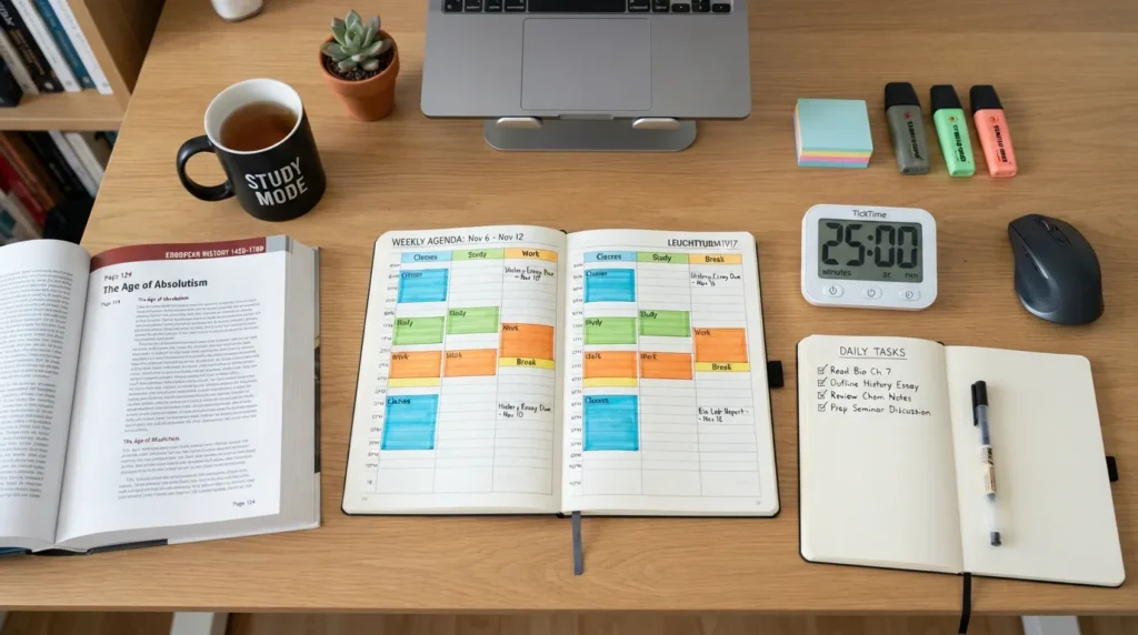 A high school student using a planner and timer to manage study blocks and deadlines.
