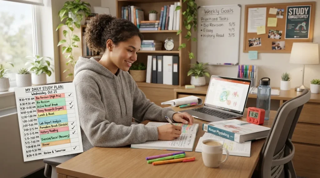 Student using a study schedule with time blocking, focused study sessions, breaks, and prioritized tasks to manage study time effectively