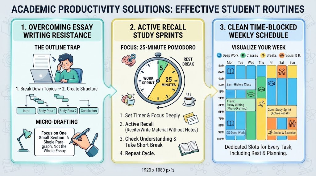 An infographic outlining student-focused time management strategies including essay micro-drafting, study Pomodoro sessions, and weekly schedule mapping.