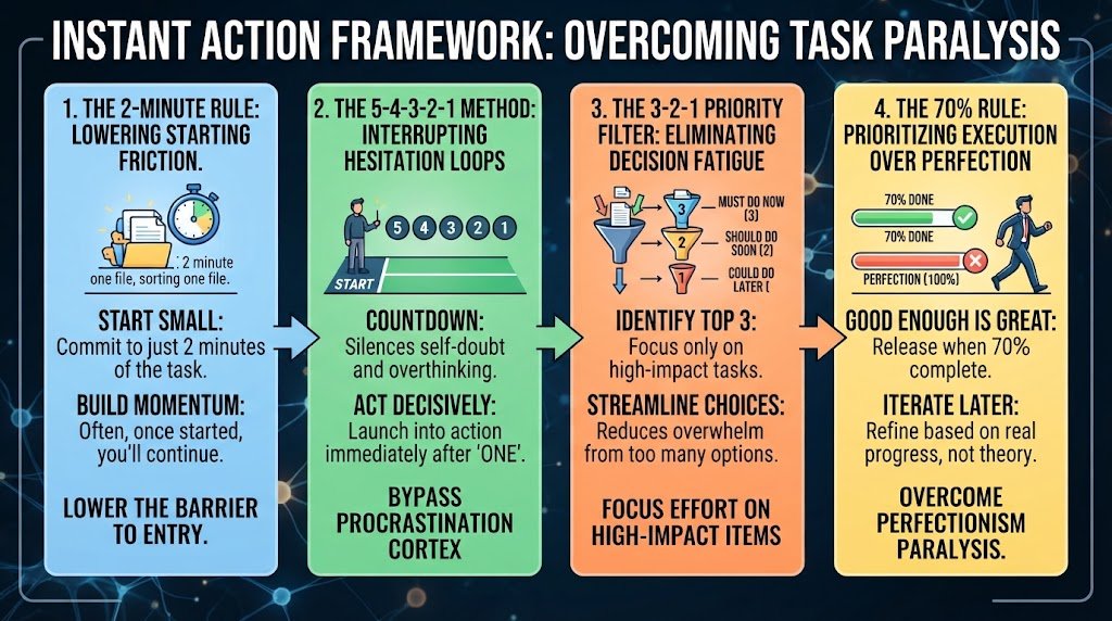 A visual breakdown of quick-start frameworks, including the 2-minute rule and 5-4-3-2-1 countdown method, designed to help users stop procrastinating and build immediate action momentum.