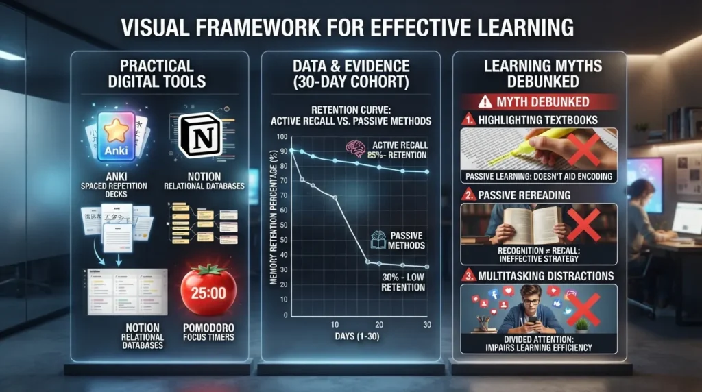 Infographic comparing effective learning tools like Anki and Notion against common study myths like passive rereading and highlighting.