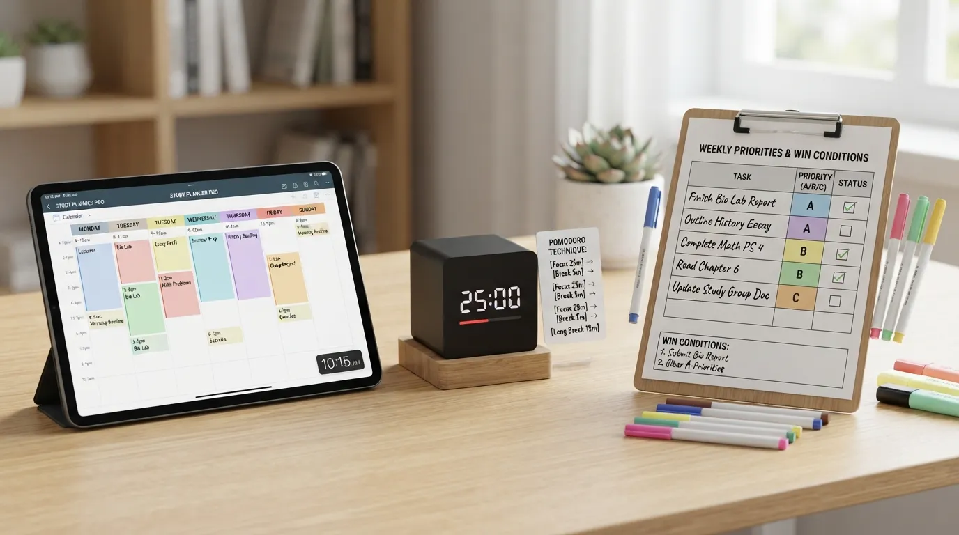 A neatly organized desk displaying a digital tablet with a time-blocking calendar app, a minimalist Pomodoro timer, and a handwritten study planner template for students.