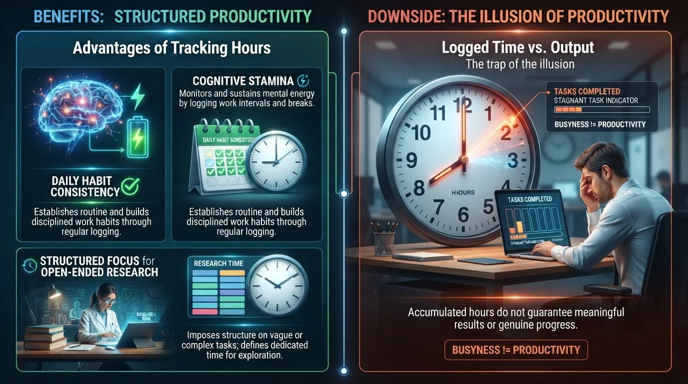 Infographic comparing the advantages and disadvantages of tracking hours for deep work, showing behavioral consistency alongside the risk of empty hours.