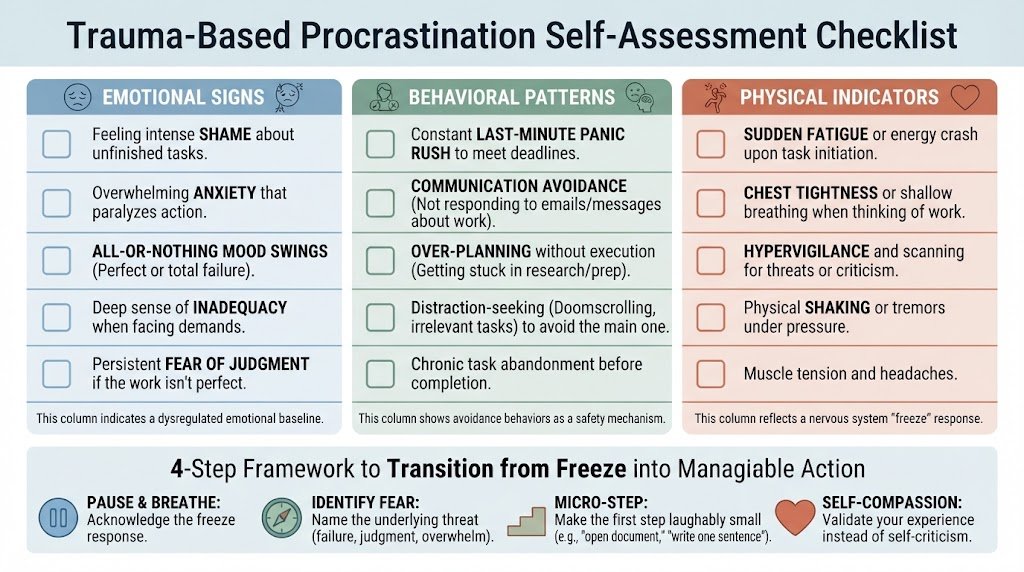 A printable trauma-based procrastination self-assessment checklist designed to help individuals identify nervous system freeze and avoidance patterns.