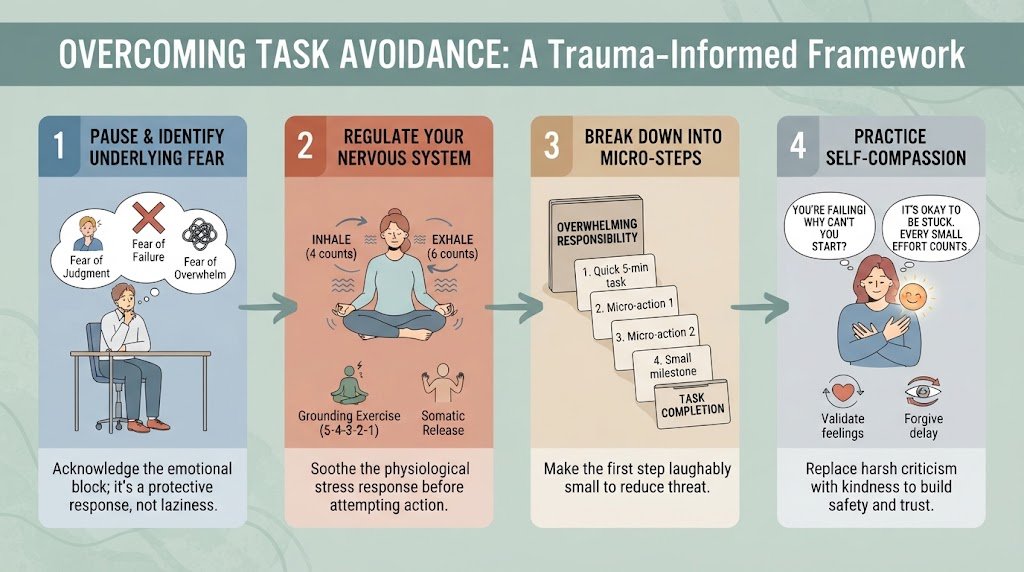 A step-by-step flowchart illustrating a trauma-informed approach to breaking the procrastination cycle through self-compassion and nervous system regulation.