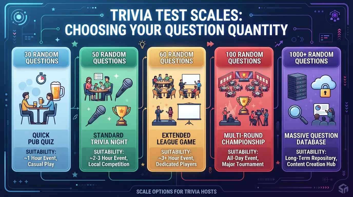 An infographic illustrating different trivia question quantity tiers ranging from 30 up to 1000 questions for game nights and pub quizzes.