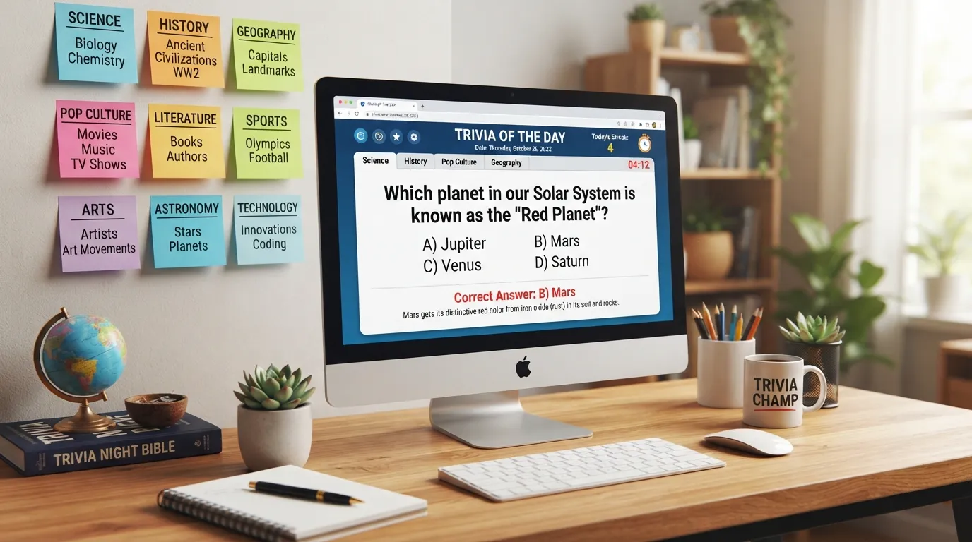 A colorful collection of trivia questions and answers displayed on a modern screen for daily brain training and general knowledge quizzes.