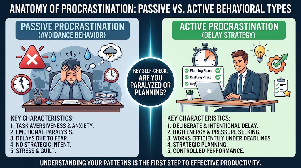 An educational comparison infographic highlighting the psychological differences between passive avoidance-based procrastination and active deliberate delay.