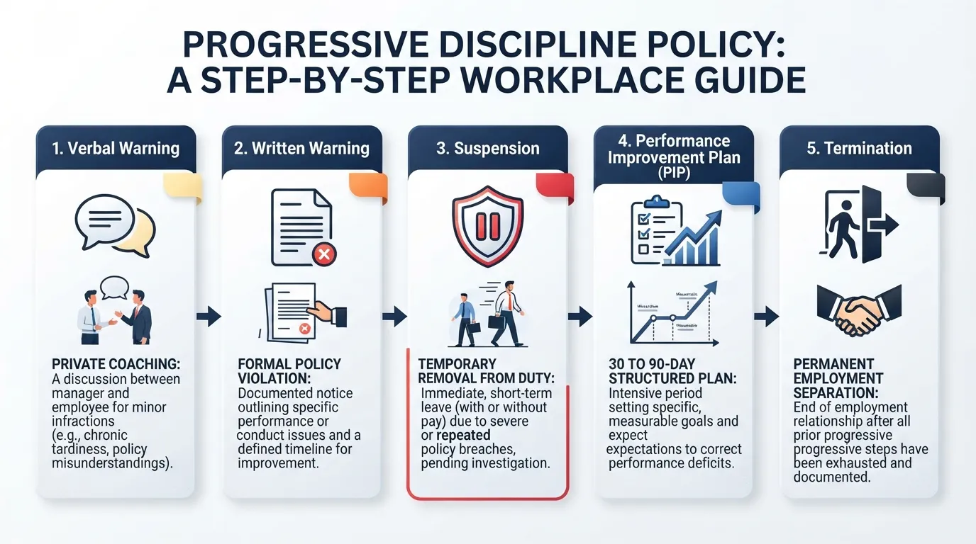 Infographic illustrating types of workplace disciplinary actions including verbal warnings, written warnings, suspensions, performance improvement plans, and termination.