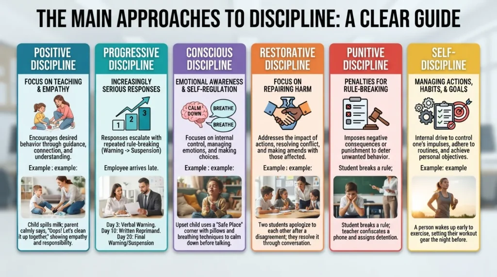 Visual comparison of positive, progressive, conscious, restorative, punitive, and self-discipline approaches