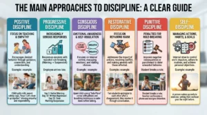 Visual comparison of positive, progressive, conscious, restorative, punitive, and self-discipline approaches