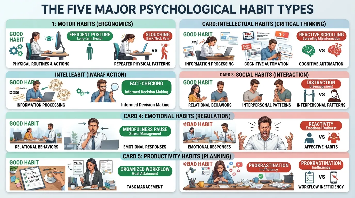 Infographic displaying the 5 major types of psychological habits—motor, intellectual, social, emotional, and productivity—with real-life examples for each category.
