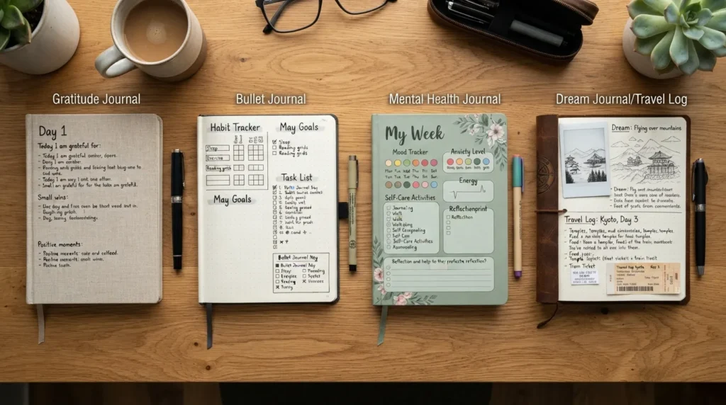 A flatlay image showing various types of journals including a gratitude notebook, bullet journal, wellness log, and travel diary with a pen.