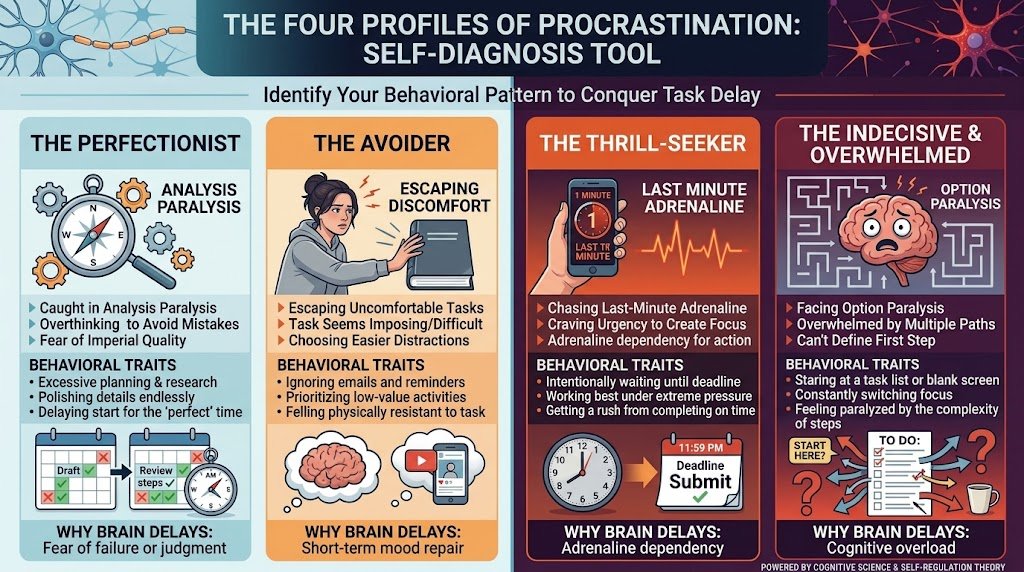 An infographic chart illustrating different types of procrastination including perfectionism, avoidance, thrill-seeking, and indecision.