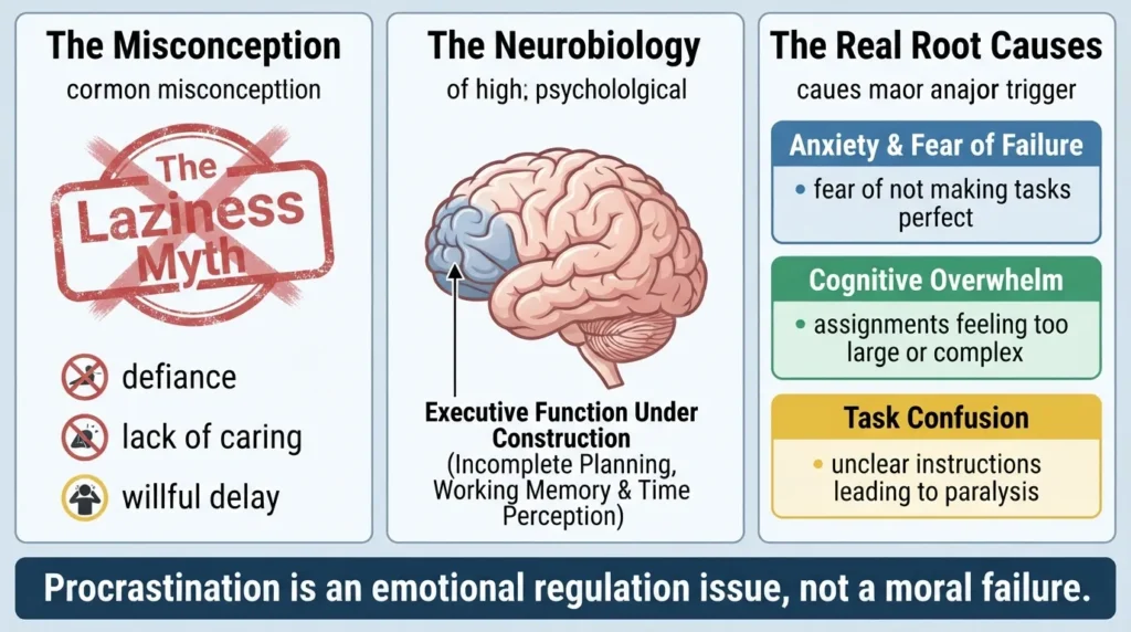 Infographic illustrating the root causes of procrastination in children, showing the brain's executive function process, emotional regulation triggers like anxiety and overwhelm, and the difference between task avoidance and laziness.