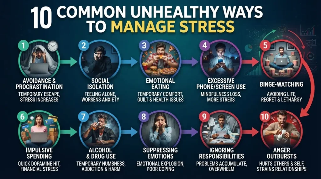Visual showing unhealthy ways to manage stress, including avoidance, isolation, emotional eating, excessive screen use, impulsive spending, substance use, and suppressing emotions.